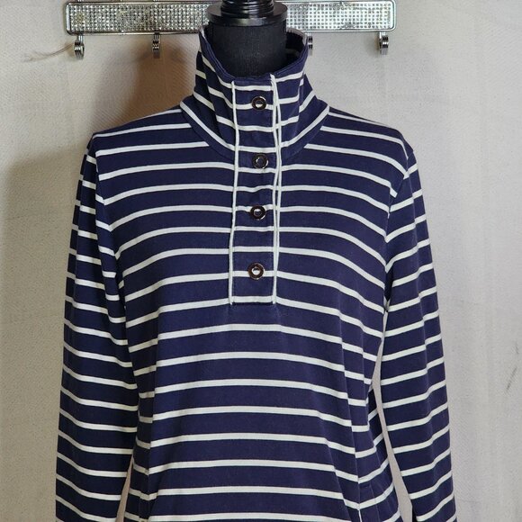 Karen Scott Sport Navy Stripe Cotton Span LS 1/4 Snap Up Stand Collar Top Sz M - Picture 3 of 16